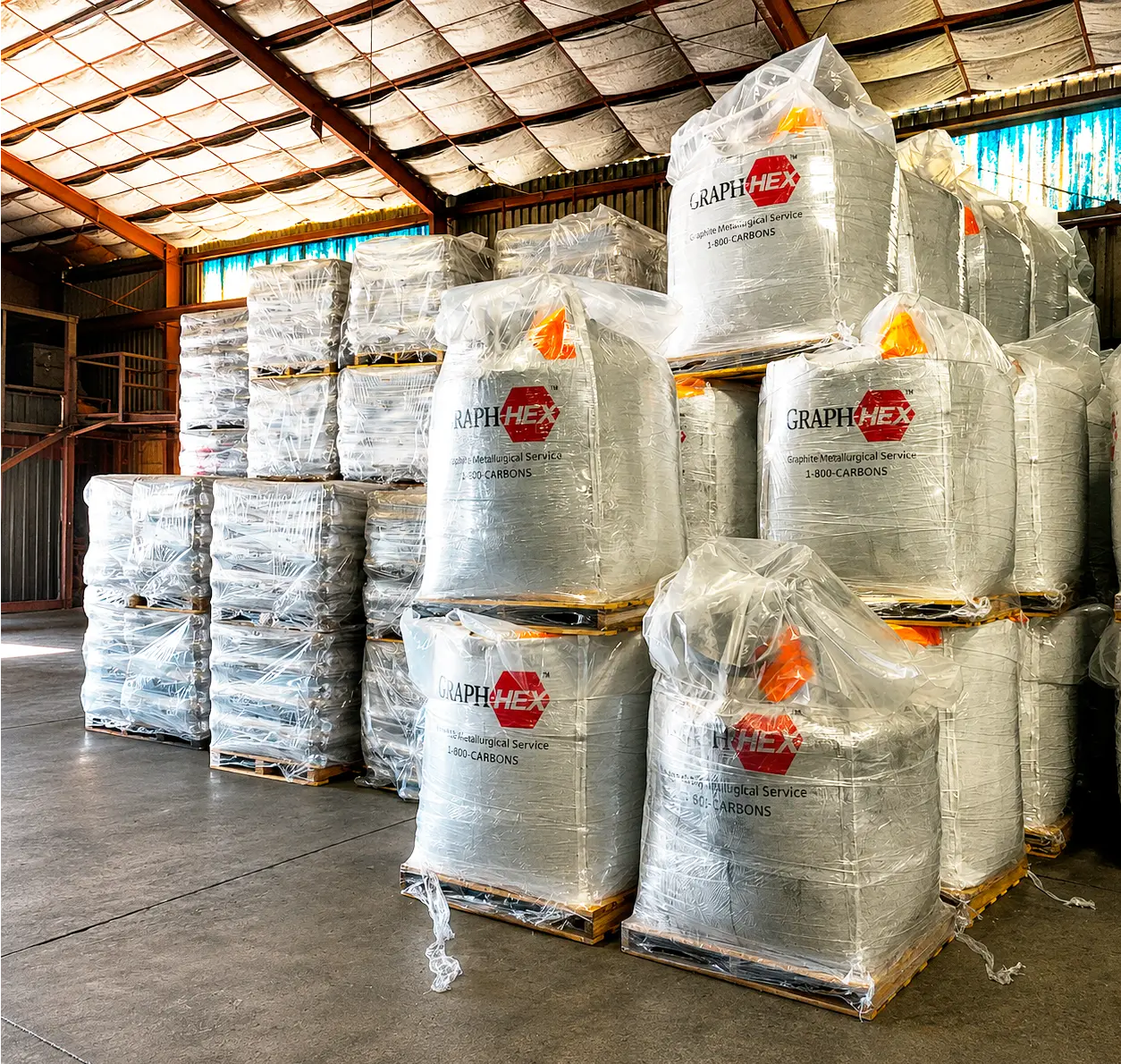 GRAPH-HEX bulk bags palletized inside the Larpen warehouse